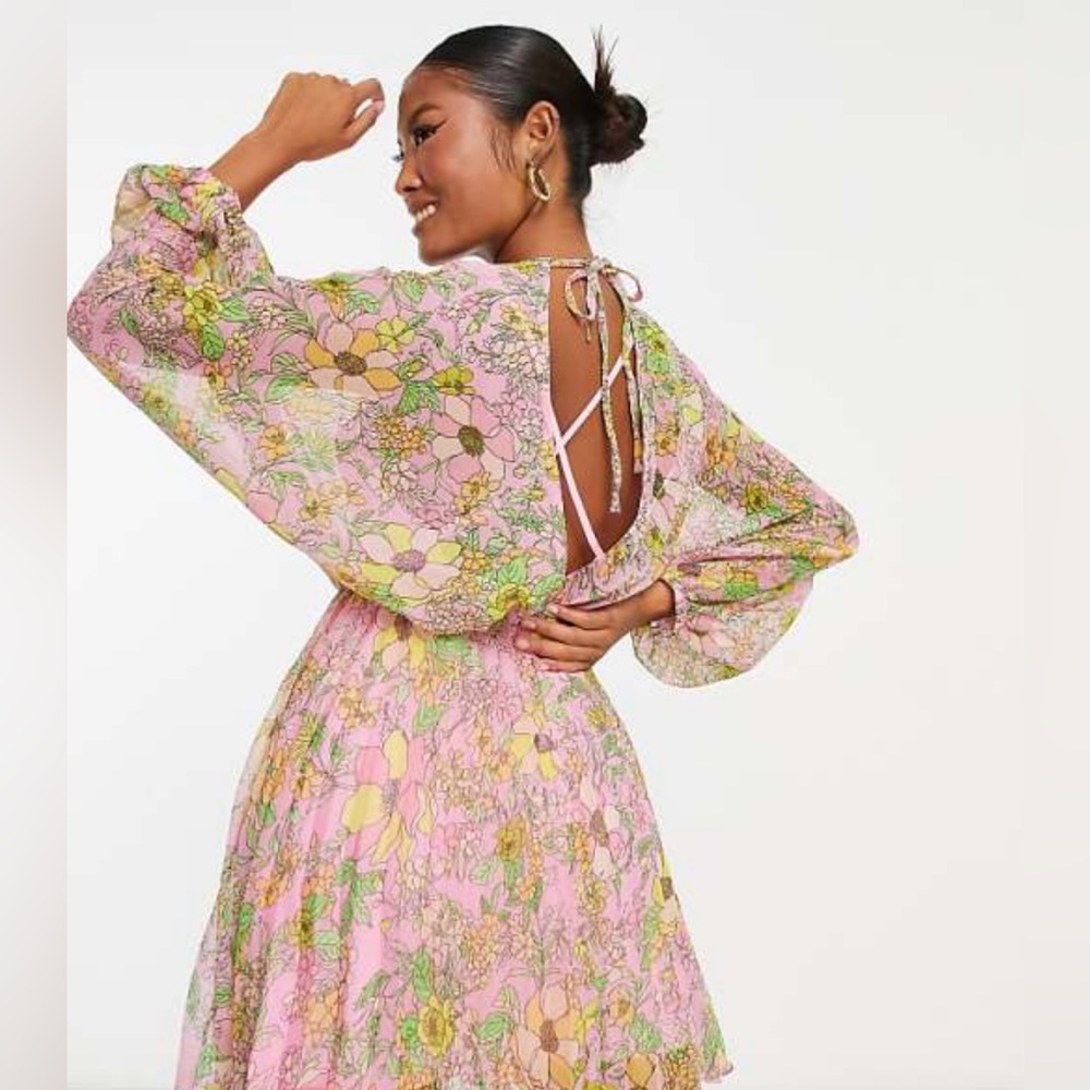 ASOS Petite Pink and Yellow Floral Pleated Mini Dress with Open Back. Small